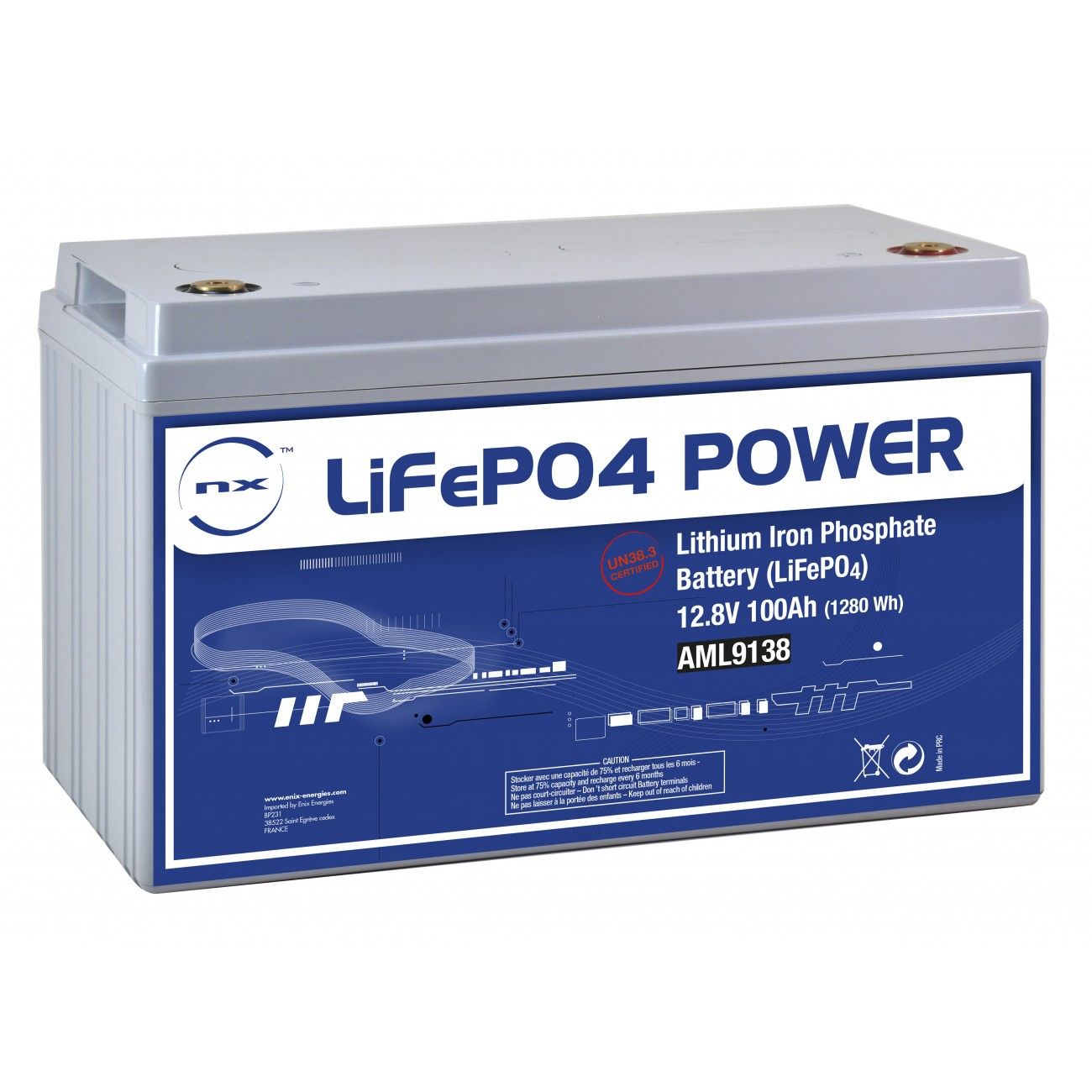 Batterie lithium fer phosphate UN38.3 (230.4Wh) 12V 18Ah M6-M